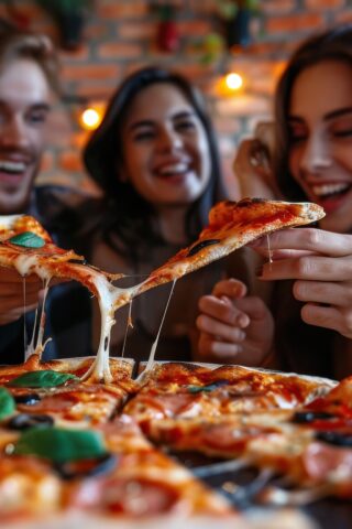 Friends enjoying pizza together